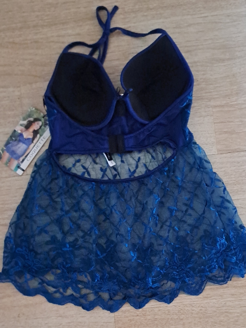 Coquette. Navy Blue Lace Halter Babydoll Chemise - Women Intimates - Picture 3 of 6